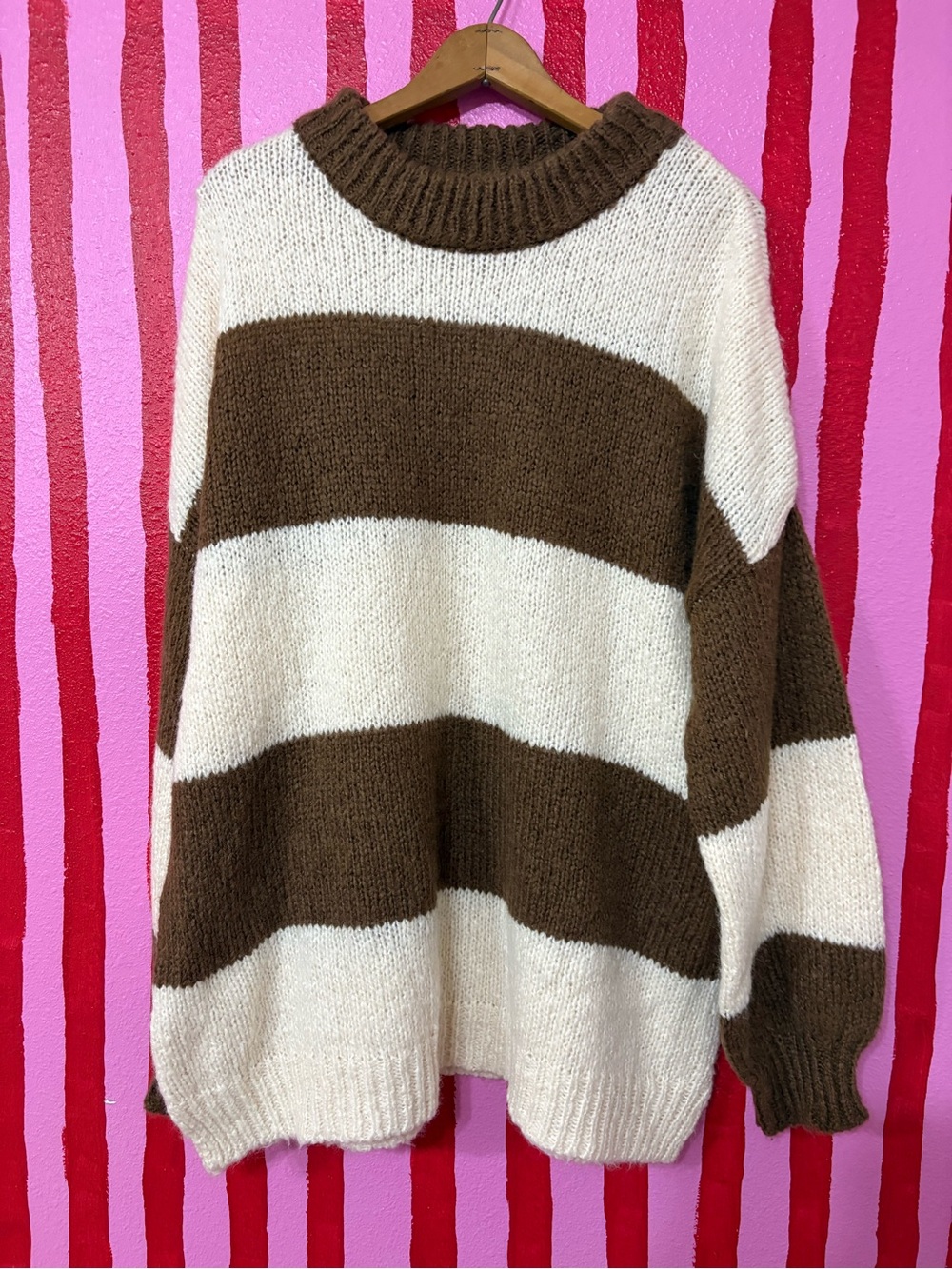 Altar'd State Brown and Cream Wide Stripe Crew Sweater